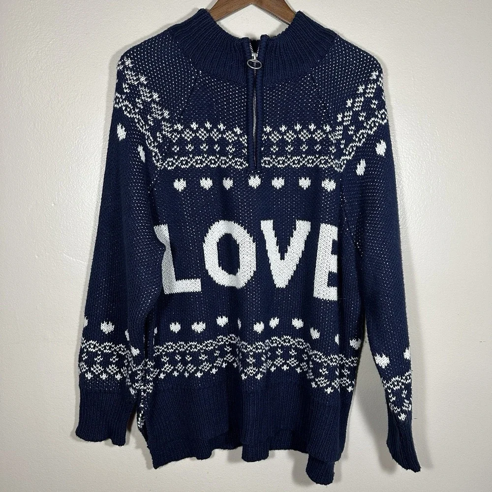 Aerie‎ Women's XL Sweater Navy Blue Love Graphic Fair Isle Quarter Zip Pullover